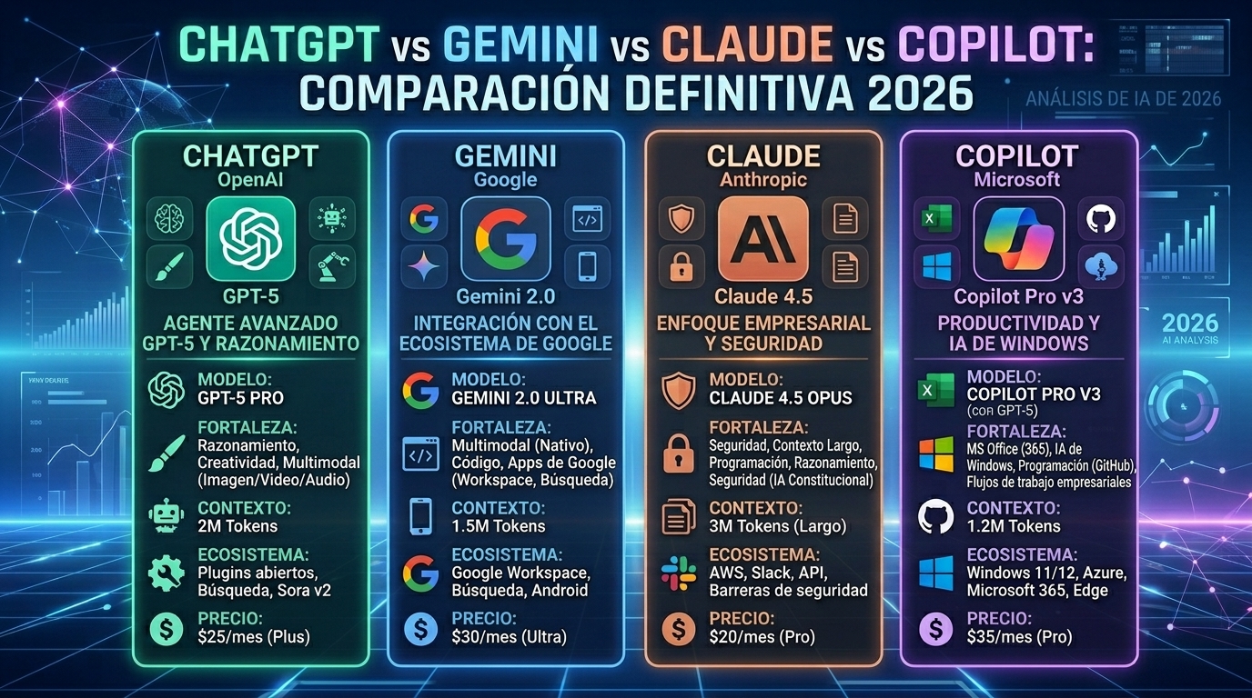 ChatGPT vs Gemini vs Claude vs Copilot: Comparativa Definitiva 2026